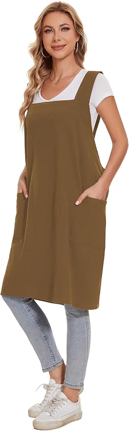 Linen Cotton Aprons for Women Smock Cross-Back Apron with Pockets