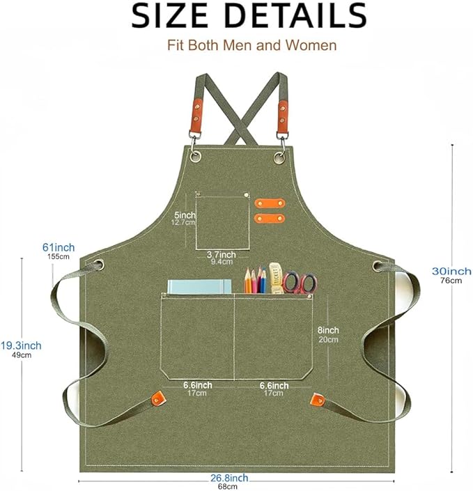 Canvas Work Apron for Men Women with 3 Pockets Heavy Duty Crossback Kitchen Chef Aprons for Cooking Grilling Barista