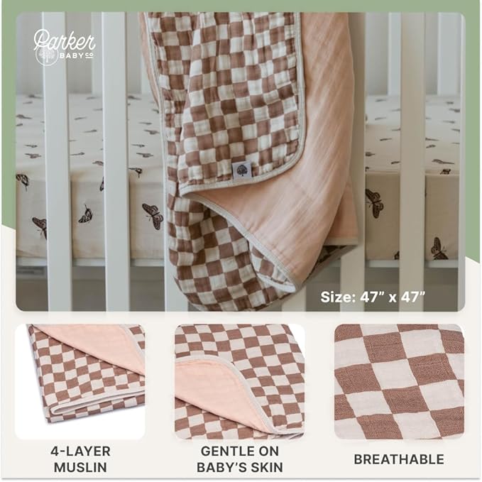 Parker Baby Muslin Blanket | 100% Soft Cotton Toddler Quilt & Baby Muslin Swaddle | Gender Neutral Design 47" x 47" Blanket