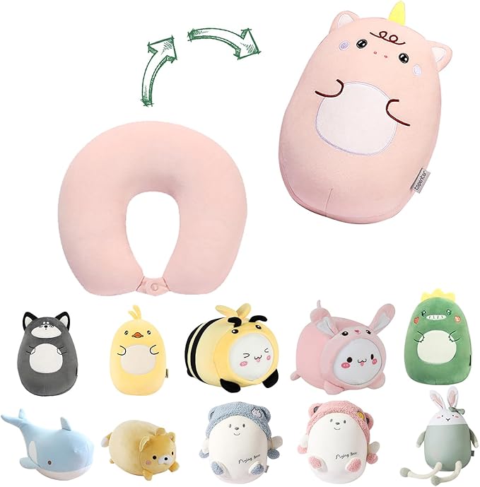 stocaggio Kids Travel Pillow - 2-in-1 Deformable Kids Neck Pillow for Traveling, Soft U-Shaped Pillow with Adorable Animal Design, Comfy Sleep and Play, Ideal for Airplanes and Cars - Pink Unicorn