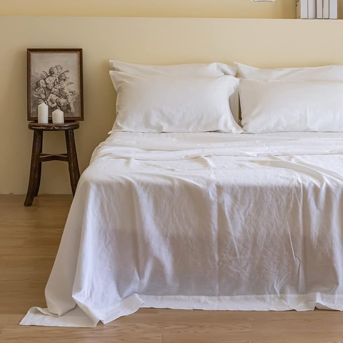 Simple&Opulence Belgian Linen Sheet Set Solid Color - 6 Pieces (1 Flat Sheet & 1 Fitted Sheet & 4 Pillowcases) 16" Deep Pocket Natural Flax Cotton Blended Soft Bedding - White, King Size