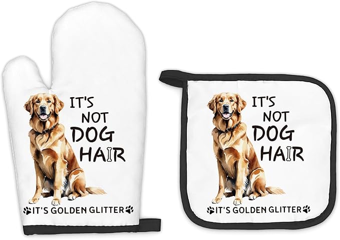 Golden Retriever Gifts Dog Oven Mitts and Pot Holders Sets, Golden Retriever Decor Kitchen Accessories Sets, It’s Golden Glitter Dog Heat Resistant Oven Glove Potholders for Kitchen Baking