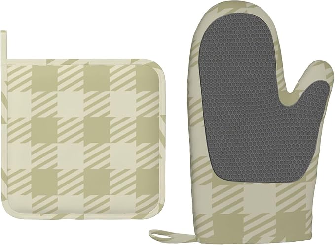 Oven Mitts and Potholders Green Checkered Scales Silicone Glove Heat Resistant, Kitchen Gloves for Cooking, 2-Piece Set