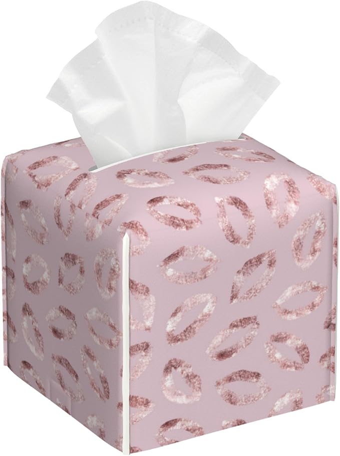 POIUBLE Leather Tissue Box Holder Rose Gold Lipstick Kiss Tissue Box Cover Square Waterproof Tissue Holder Organizer Modern Napkin Holder for Bedroom Dresser Night Stand Office Desk