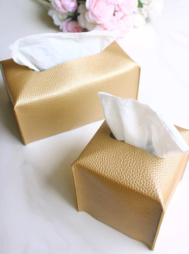 Gold Tissue Box Cover Rectangular – Plus Size Leather Tissue Box Holer with Bottom Belt Modern PU Leather Long Rectangle Tissue Holder for Bathroom/Home/Office Decor