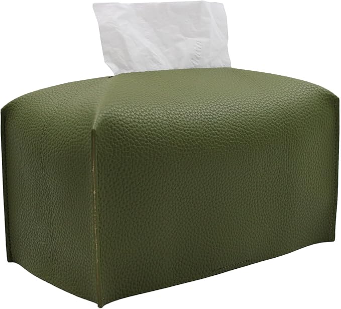 Livelab Tissue Box Cover, Rectangular Modern Decorative PU Leather Tissue Box Case Organizer Holder for Vanity Countertop, Night Stands, Livingroom, Office Desk & Car 9.5X5X5'' | Olive Green
