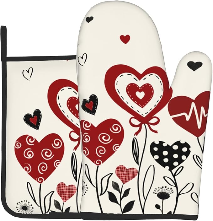 Black Red Love Hearts Oven Mitts and Pot Holders Sets 2Pcs Kitchen Accessories Multi-use Cooking Chef Oven Gloves Resistant Hot Pads for Women BBQ Cooking