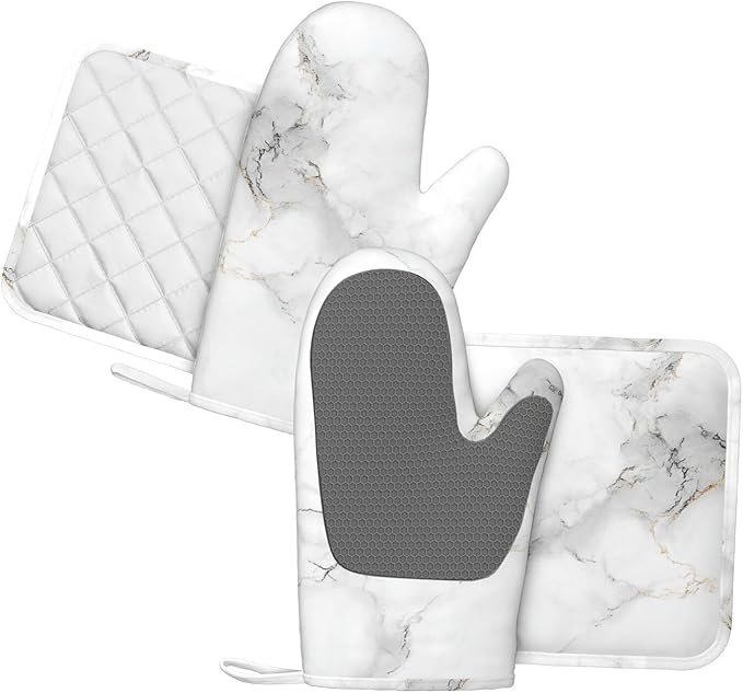 Oven Mitts Pot Holders Set White Marble Gray Silicone Kitchen Gloves Potholders Heat Resistant for Chef Baking Cooking Grilling BBQ 4 Pack Mitt