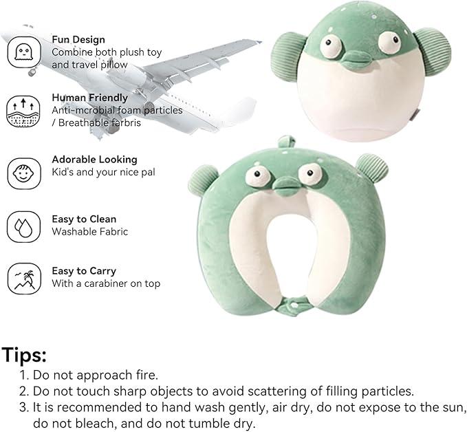 stocaggio Kids Travel Pillow - 2-in-1 Deformable Kids Neck Pillow for Traveling, Soft U-Shaped Pillow with Adorable Animal Design, Comfy Sleep and Play, Ideal for Airplanes and Traveling (Green Fish)