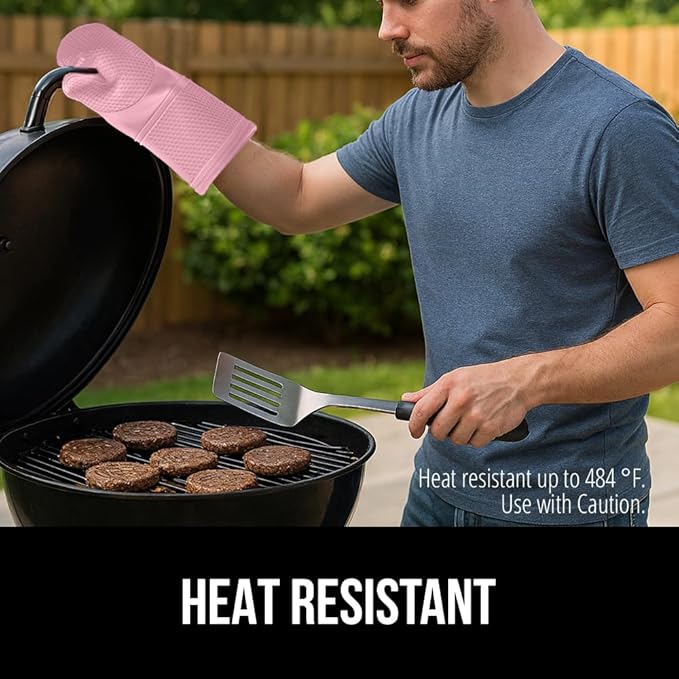 GORILLA GRIP BPA-Free Soft Silicone Oven Mitts, Heat Resistant and Waterproof Cooking Gloves, Thick Cotton Lining, Flexible Gripping for Baking Grilling, Kitchen Potholders Set of 2, 12.5x8.3, Pink