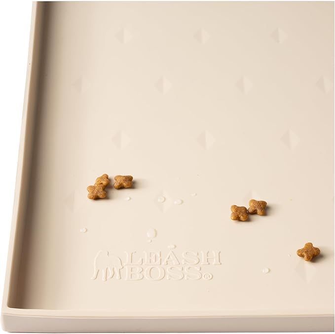 Leash Boss Dog Food Mat - Waterproof Cat & Dog Bowl Mat for Food and Water, Silicone Pet Feeding Mats for Floors, Non-Slip Placemat with High Edges, Puppy Essentials (ML: 20"x13", Beige)