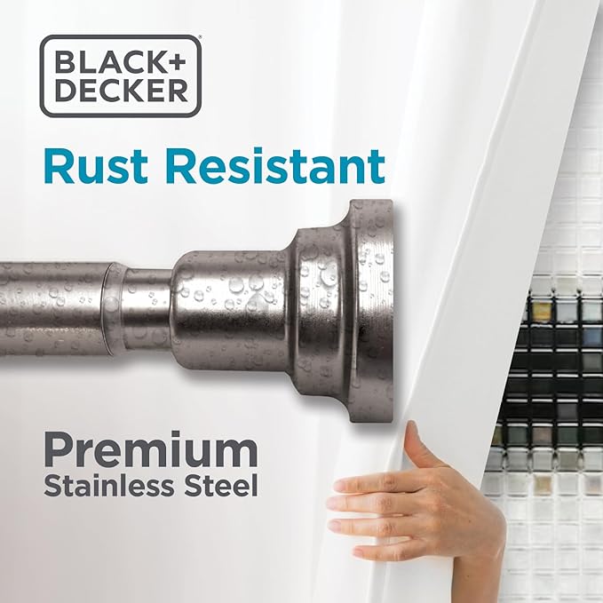BLACK+DECKER Tension Shower Curtain Rod 42-72 Inch – Drill-Free Adjustable Curtain Rod, Rust-Resistant Stainless Steel Tension Curtain Rod for Shower, Bathroom, Window, Closet – 35 lb Capacity