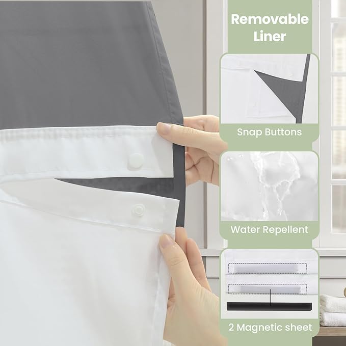 Inhousolu Extra Long No Hook Shower Curtain with Snap in Fabric Liner Set Waffle Weave 230GSM Weighted Hem, Waterproof & Washable Bathroom Curtain Spa Luxury with Mesh Top Window 72" W x 84" L Grey