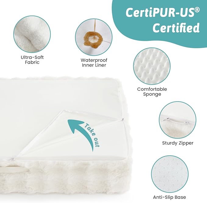 COZY KISS Faux Rabbit Fur Orthopedic Dog Bed, Large Dog Bed, Supportive Foam Pet Sofa with Waterproof Lining Cover, Washable U-Shaped Pet Couch with Anti-Slip Bottom Design, Beige XL 42x30x7 inch