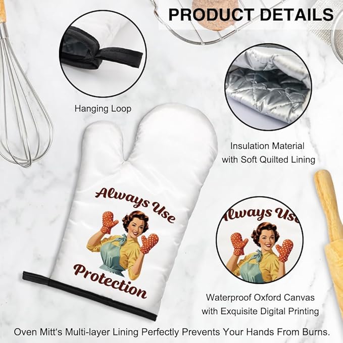 Always Use Protection Funny Oven Mitts and Pot Holders Set, Retro Home Cooking Baking Tools, Suitable for Family Gathering Cooking, Housewarming Gifts for Parents and Family Members