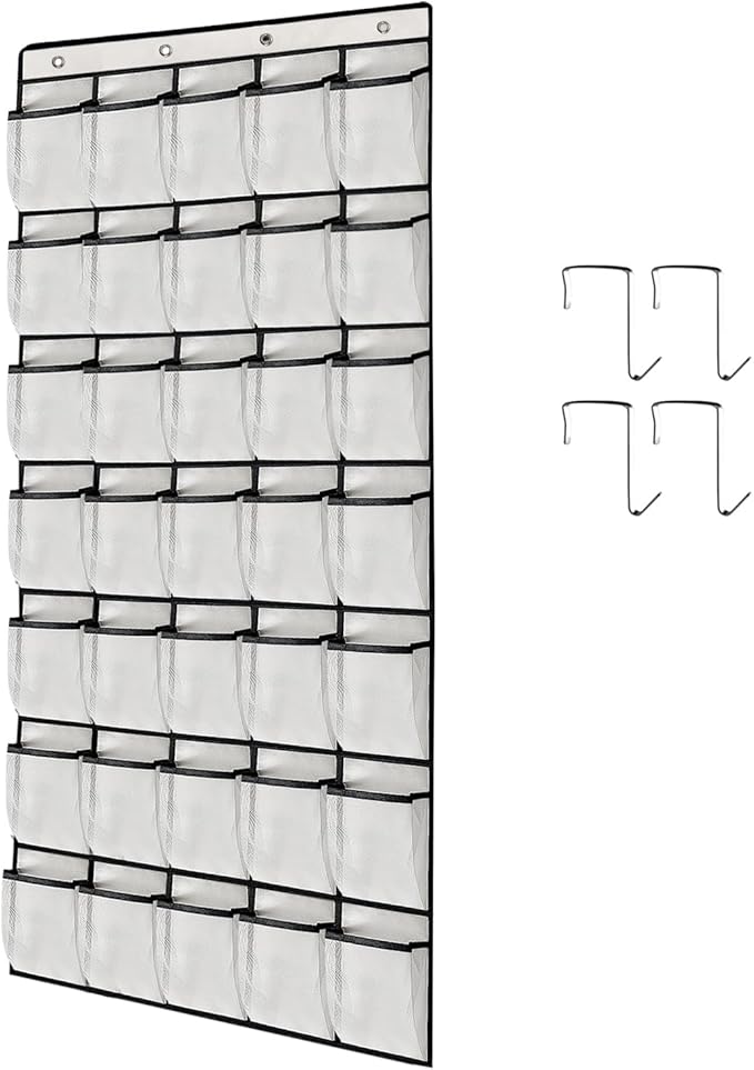 TidyMaster 1 Pack 35 Breathable Mesh Pockets Large Hanging Shoe Organizer Over The Door Shoe Rack for Closet Door Storage Shoe Holder Hanger, 4Hooks, White (67.7'' x 26.4'')