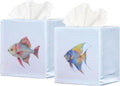 EmbroideryLinen.VN Tissue Box Cover Set of 2, Square Cotton Tissue Holder, Printed Animal Pattern, 4.5x4.5x5.5 Inches, Decorative Holder for Bathroom, Living Room, Office (Fish)