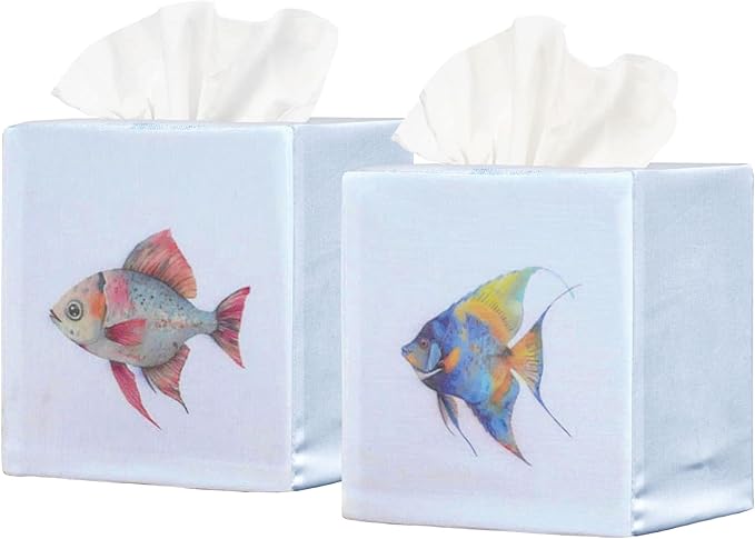 EmbroideryLinen.VN Tissue Box Cover Set of 2, Square Cotton Tissue Holder, Printed Animal Pattern, 4.5x4.5x5.5 Inches, Decorative Holder for Bathroom, Living Room, Office (Fish)