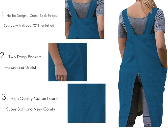 Women's Practical Cross Back Pinafore Apron with Large Pockets Home Kitchen,Restaurant,Coffee house,Cooking Gardening Works