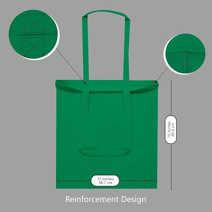 TOPDesign 12-Pack Economical 16"x15" Kelly Green Cotton Tote Bag, Lightweight Medium Reusable Grocery Shopping Cloth Bags, Suitable for DIY, Advertising, Promotion, Gift, Activity