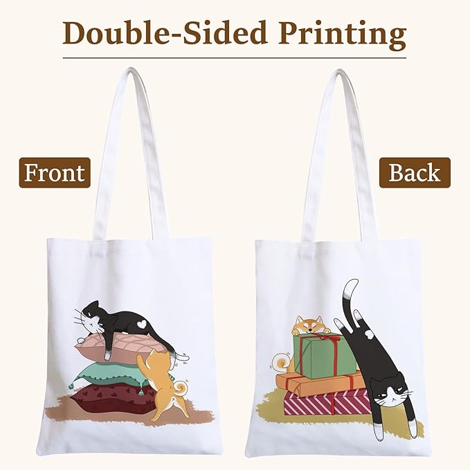 GICDSU Black Cat Cotton Canvas Tote Bag with Zipper, Reusable Grocery Bags, Beach Foldable Tote Bag for Women, Funny Totebag with Inner Pocket for Shopping Travel Gym Work