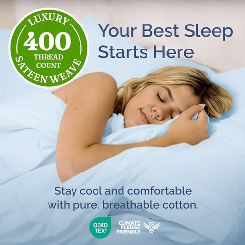 400 Thread Count Cotton Sheet Set - Cal King Size 100% Cotton Sheets - Easily Fits 8" to 16" Mattress - Silky-Soft, Wrinkle Free & Comfortable - Deep Pockets & Hotel Quality Bedding Set - Light Blue