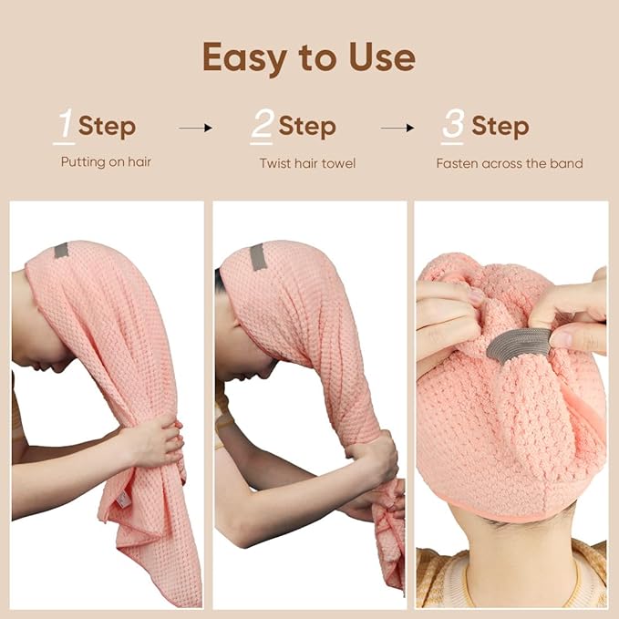 HOMEXCEL 5 Pack Microfiber Hair Towels - 40 x 20 inches Super Soft, Fast Drying Turbans for Long, Thick, Curly Hair - Anti Frizz Wrap with Elastic Strap