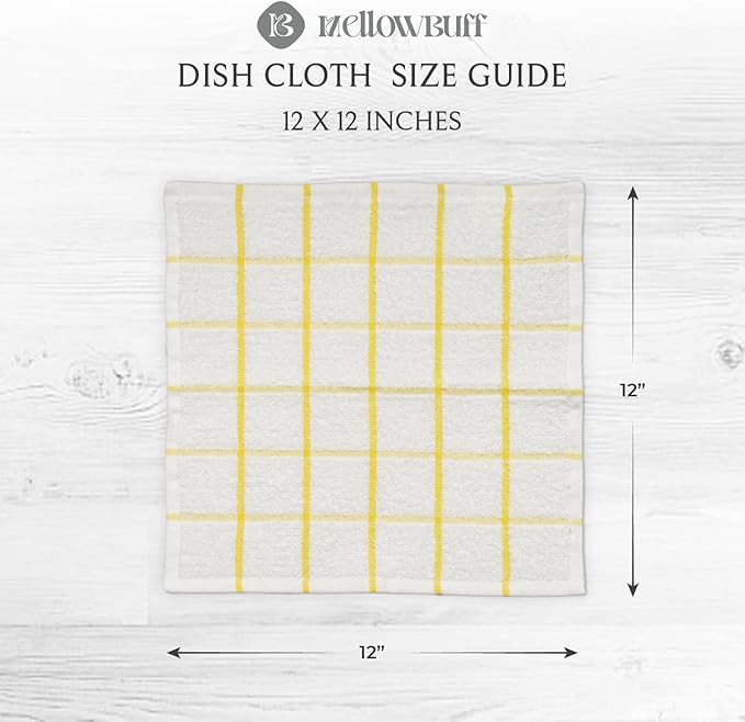 Mellow Buff 100% Cotton Terry Dish Cloth & Dish Towel, 6 Pack, Super Soft and Absorbent Kitchen Towels, Perfect for Kitchen Cleaning and Dish Washing (Yellow (Solid and Checks) 8 Pack)