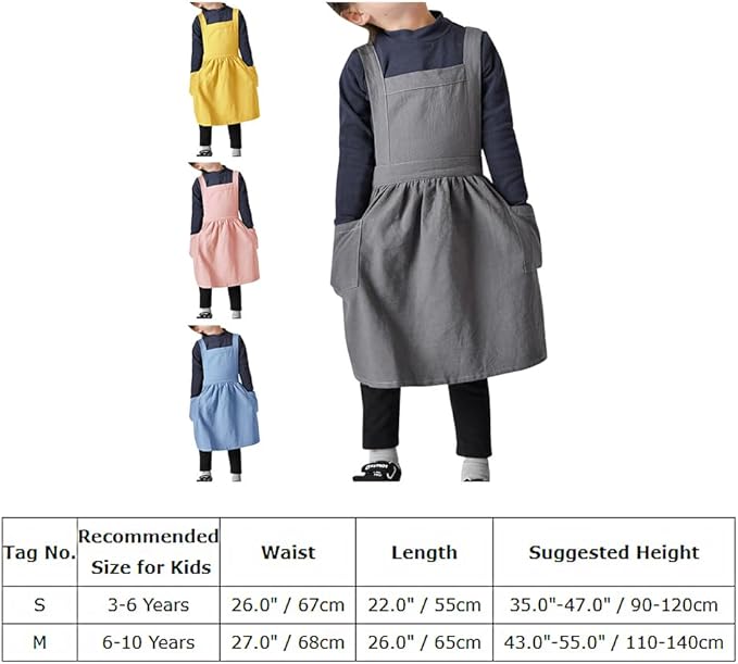 IWEMEK Kids Aprons for Girls Cooking Child Cotton Linen Apron Dress with Pockets Art Baking Gardening Painting Apron Pinafore