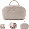 Petition Travel Makeup Bag For Women - Quilted Makeup Bag,180° Open Lay-Flat Cosmetic Case,5 Colors Large Capacity Waterproof Make Up Bag Set,With Compartments (Khaki)