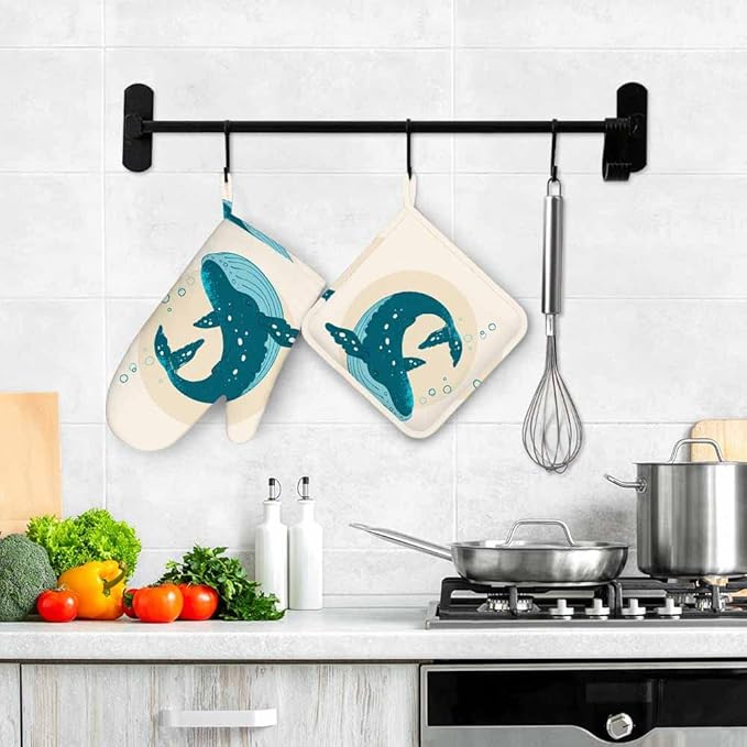Mxocom Watercolor Whale Heat-Resistant Oven Mitts and Pot Holder Sea Theme Marine Life Coastal Modern Design Cool Ring Circle Kitchen Non-Slip Cooking Microwave Gloves for Cooking Baking Grilling