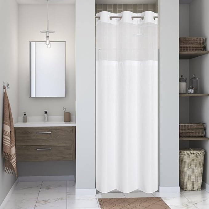 eachope Stall No Hook Shower Curtain with Snap-in Fabric Liner Set,Waffle Weave Shower Curtains for Bathroom,Hotel Luxury Decor Bathroom Curtain Set,Waterproof & Washable,White,36Wx74H