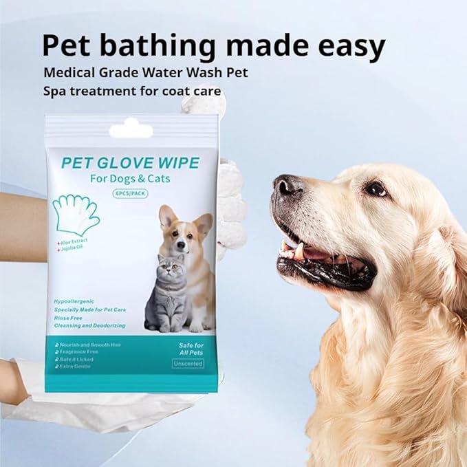 Dog Shampoo Mitts Pet Bath Wipes, Pet Cleaning Deodorizing Glove Wipes for Dogs & Cats,Fragrance-Free, Gentle Grooming Mittens for Sensitive Skin (2Pcs)