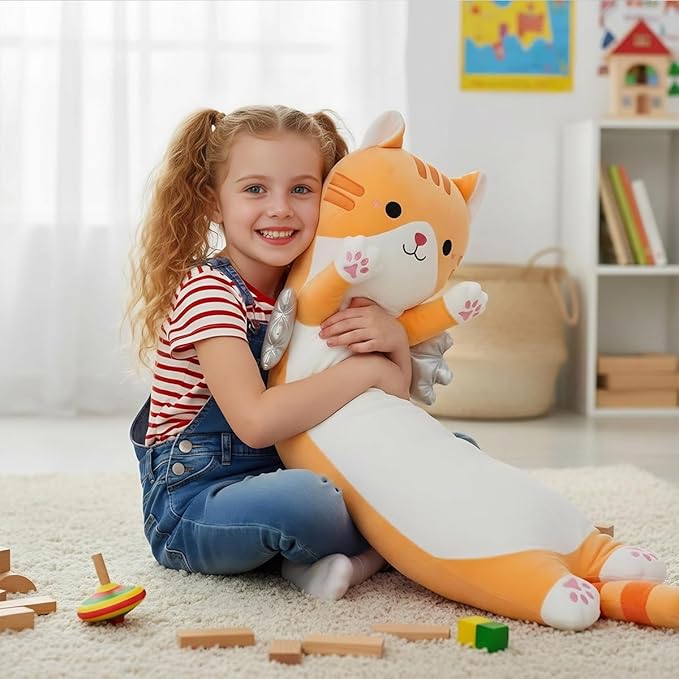 Long Cat Plush Pillow, Cute Cat Stuffed Animal Body Pillow with Wings, Soft Kawaii Kitty Hugging Pillow, Christmas Valentine's Birthday Gift for Kids Girls Boys (Yellow, 110cm/43.31in)