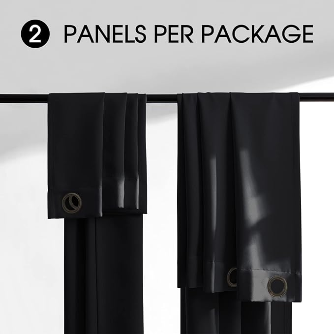 100% Blackout 340 GSM Curtains , 92 inches 2 panel sets, Heat and Full light Blocking Drapes with Grommets for Bedroom, Thermal Insulated Window Treatment Drapes for Living Room (Black,52x92inch)