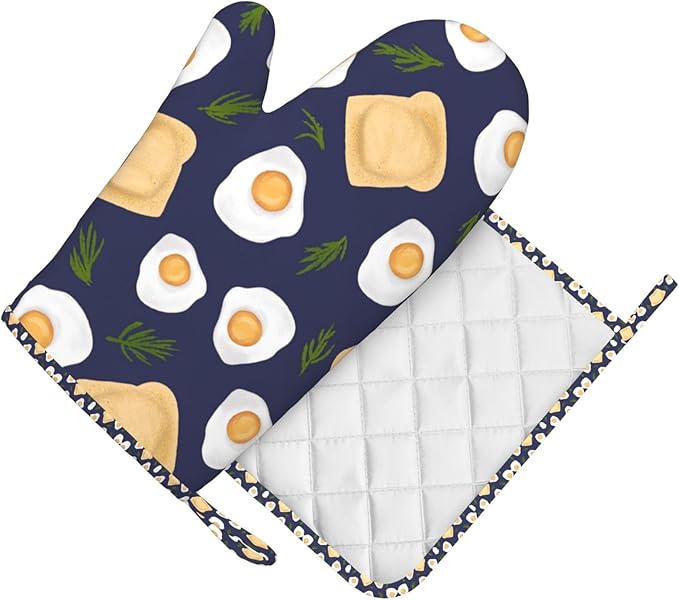 Fried Egg Bread Vanilla Oven Mitts and Pot Holders Sets, Home Silicone Heat Resistant BBQ Gloves for Kitchen Baking Cooking Grilling Microwave