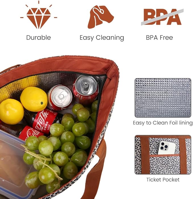 Reusable Grocery Tote Bags, Insulated Cooler Shopping Bag for Women/Men, Pizza/Food Delivery Bags to Keep Food Hot/Cold for Commercial Food Transport, Cooler Bag for Travel/Beach/Picnic, Cow Print