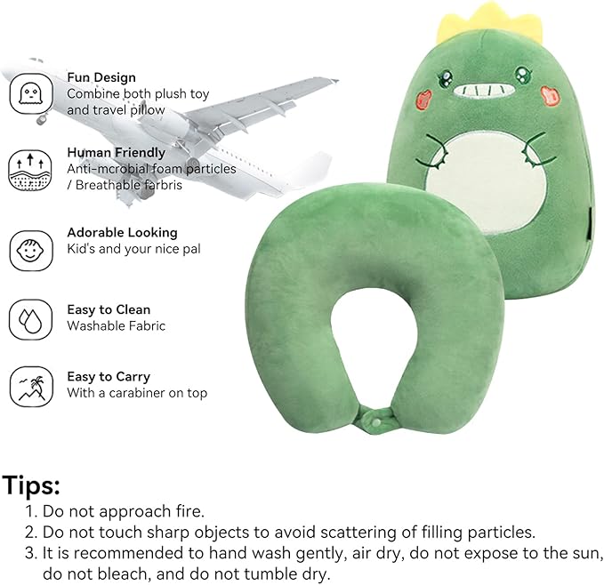 stocaggio Kids Travel Pillow - 2-in-1 Deformable Kids Neck Pillow for Traveling, Soft U-Shaped Pillow with Adorable Animal Design, Comfy Sleep and Play, Ideal for Airplanes Travel - Dinosaur