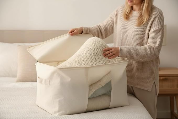 DoYiKe Soft Large Canvas Storage Bags with Zipper and Clear Window, Cotton Linen Storage for Pillows, Quilt, Blankets and Comforter, 80L, 4 Pack, Beige