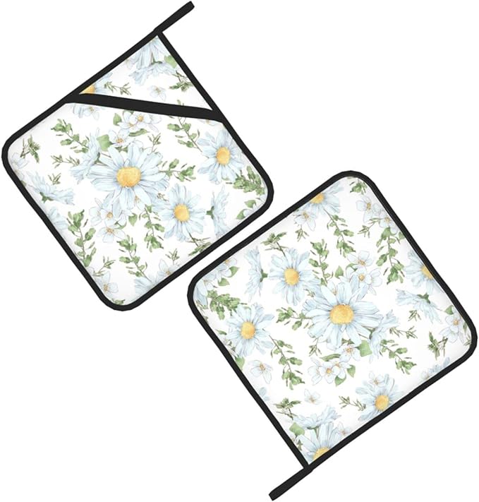 2pcs White Daisy Pot Holders Flower Printing Heat Resistant Hot Pads Green and White Background Cooking Barbecue Microwave Washable BBQ Grilling Potholders