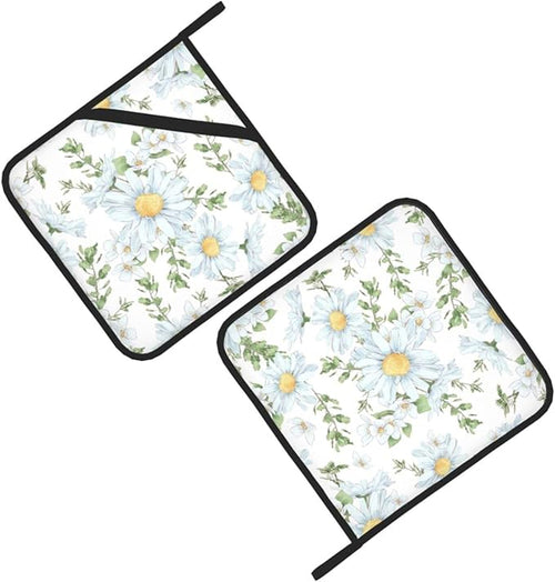 2pcs White Daisy Pot Holders Flower Printing Heat Resistant Hot Pads Green and White Background Cooking Barbecue Microwave Washable BBQ Grilling Potholders