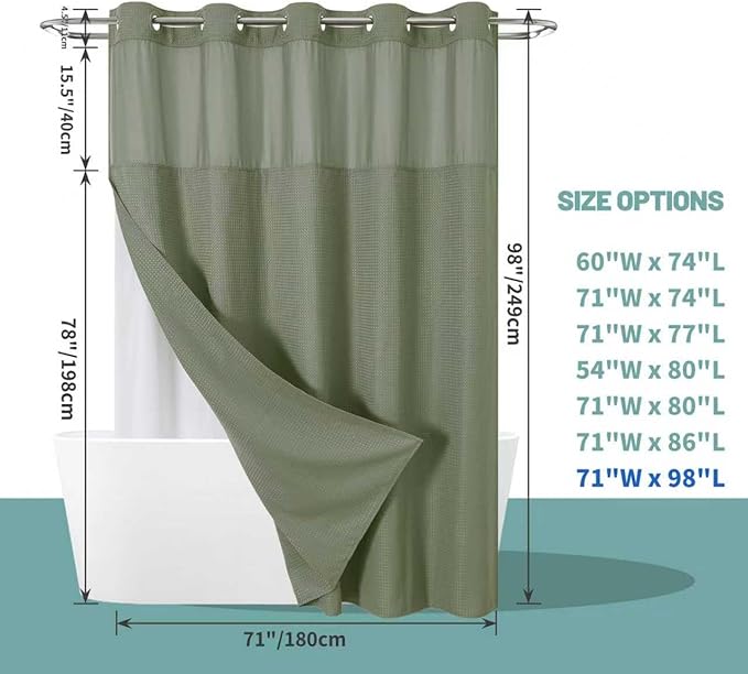 eachope SageGreen Extra Long No Hook Waffle Weave Shower Curtain with snap-in Liner Replacement, 230GSM Waterproof Fabric Hotel Shower Curtain Set for Bathroom, Through Mesh Top Window,71Wx98H