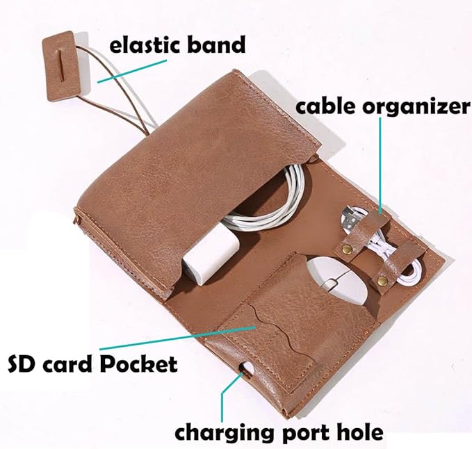 DUWUZEST Vintage leather Electronic organizer travel case,cord organizer travel, Leather charger shortage for essentials mouse, adapter, cables (brown with elastic band)