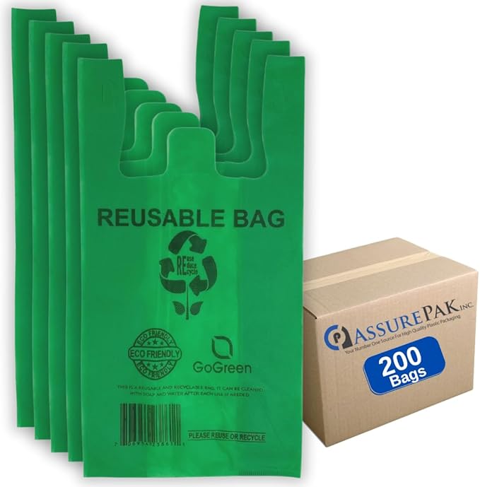 ASSUREPAK Green PP Non Woven Reusable Bags - 200 Bags - 1/8 BBL 10"X5"X18" - 40 GSM - Green -10518GRNPPNWRB40