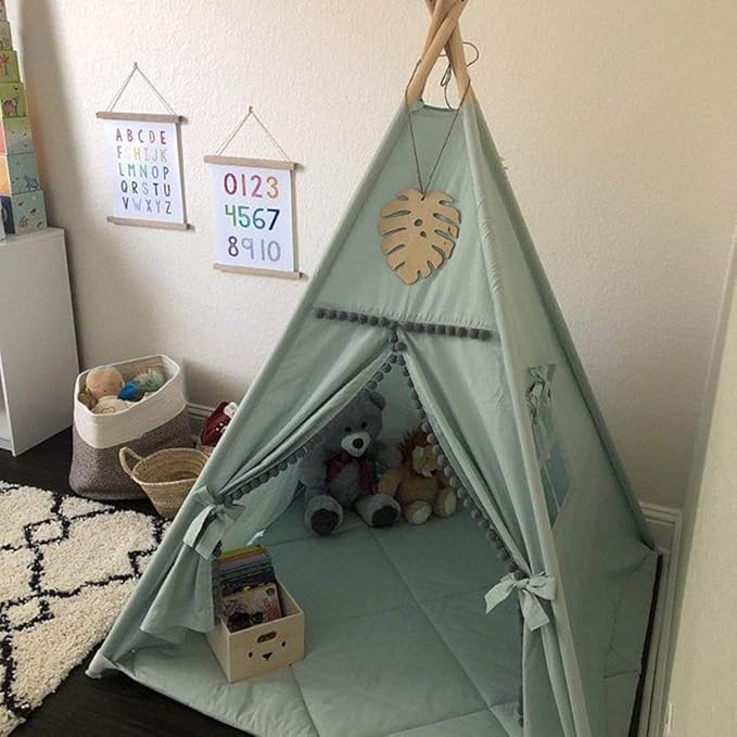 RONGFA Kids Teepee Tent with White Pom Pom - Indoor Play Teepee for Children Boys Portable Play House (Green)
