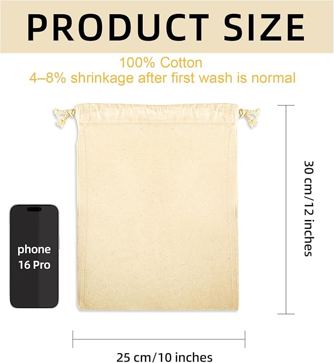 OKBA 12 Pack Cotton Muslin Drawstring Bags – Reusable Cloth Bags for Storage, Produce & Bread Storage, Gift Packaging, DIY Crafts, Eco-Friendly & Lightweight (10x12 inch)