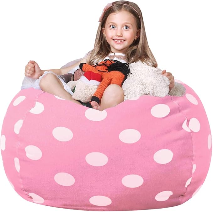 WEKAPO Stuffed Animal Storage Bean Bag Chair Cover for Kids | Stuffable Zipper Beanbag for Organizing Children Plush Toys Large Premium Cotton Canvas (Pink Dot, X-Large)