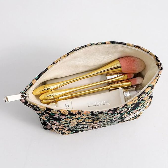 SxoSyo Cosmetic Bags for Women Makeup Bag Embroidery Large Capacity Purse Travel Toiletry Zipper Pouch Make up Brushes Organizer for Gifts (mini Flowers, Black)
