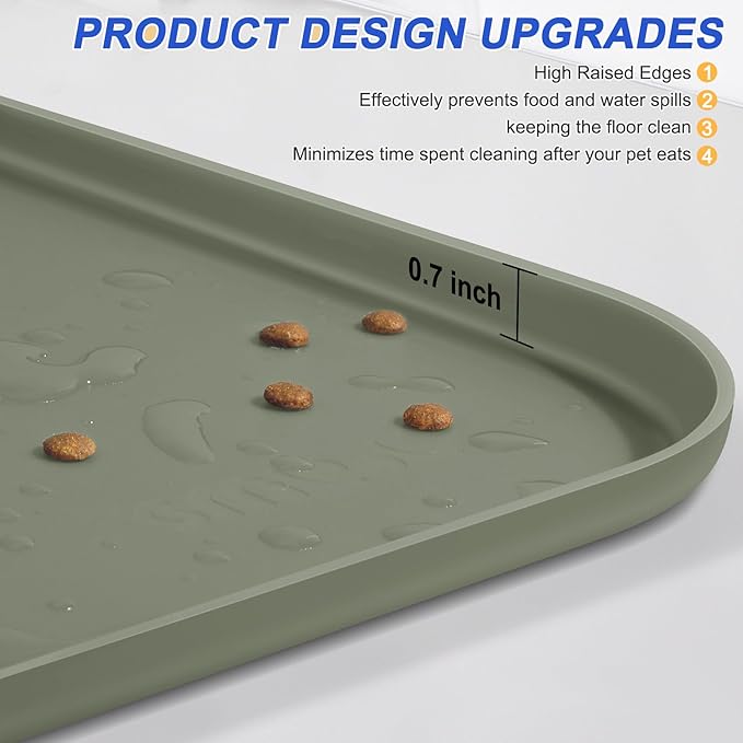 SMILOOL Silicone Pet Feeding Mat with Raised Edge for Food and Water, Dog Bowl Mats, Cat Bowls Placemat with High Lip for Floor Waterproof, Rubber Tray for Cats and Dogs 19 x 12 x0.7 Light Olive Green
