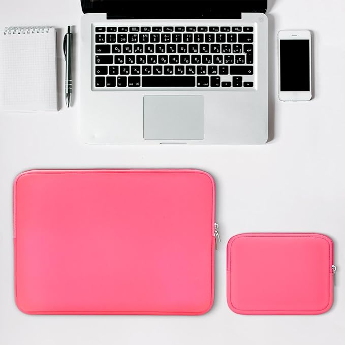 RAINYEAR Laptop Sleeve Case Compatible with 13.3 Inch Notebook Computer Chromebook 14" MacBook Pro/Max M1 M2 M3 M4 M5 Soft Bag Protective Cover with Accessories Pouch(Bright Pink,Upgraded Version)